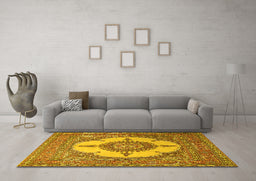Machine Washable Medallion Yellow Traditional Rug in a Living Room, wshtr1601yw