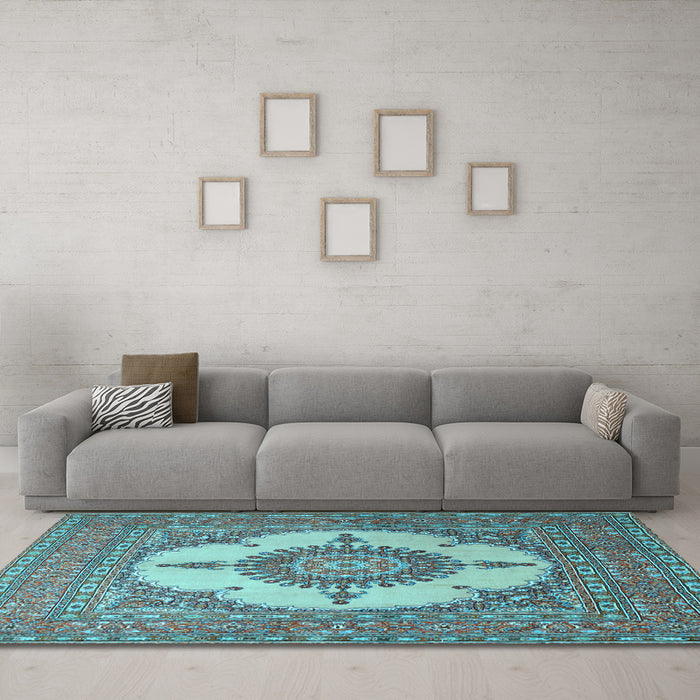 Machine Washable Medallion Light Blue Traditional Rug in a Living Room, wshtr1601lblu