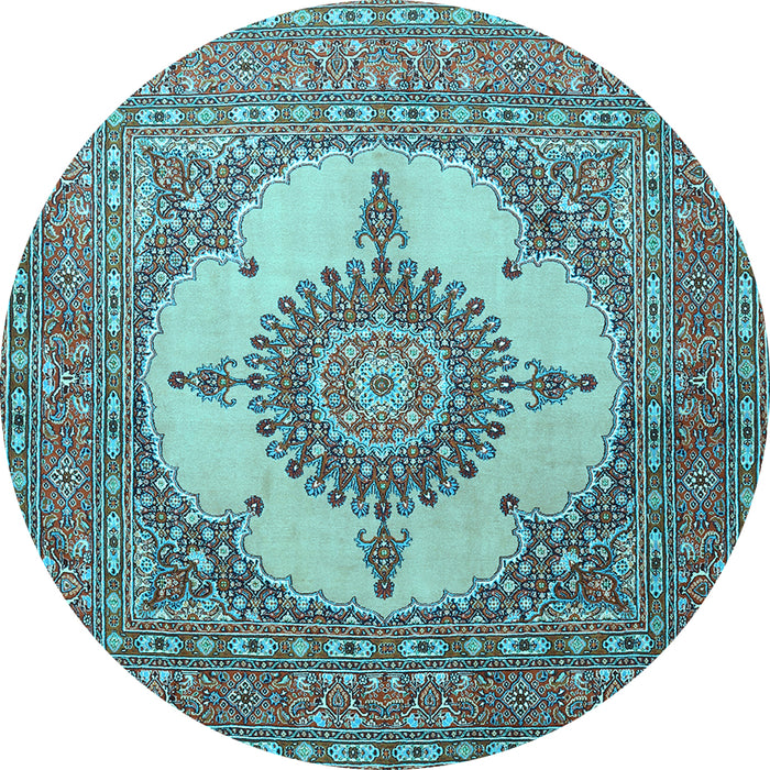 Round Machine Washable Medallion Light Blue Traditional Rug, wshtr1601lblu