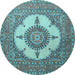 Round Machine Washable Medallion Light Blue Traditional Rug, wshtr1601lblu