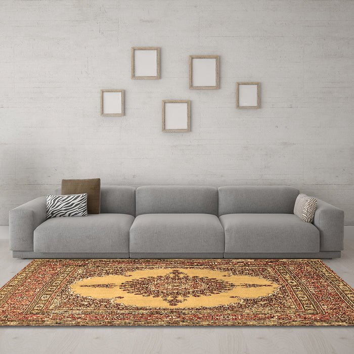 Machine Washable Medallion Brown Traditional Rug in a Living Room,, wshtr1601brn