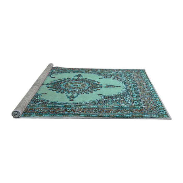 Sideview of Machine Washable Medallion Light Blue Traditional Rug, wshtr1601lblu