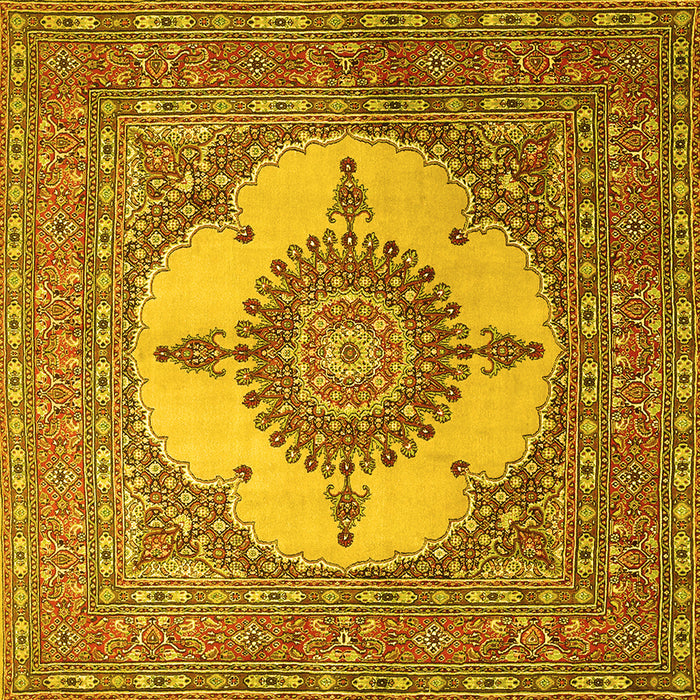 Square Machine Washable Medallion Yellow Traditional Rug, wshtr1601yw