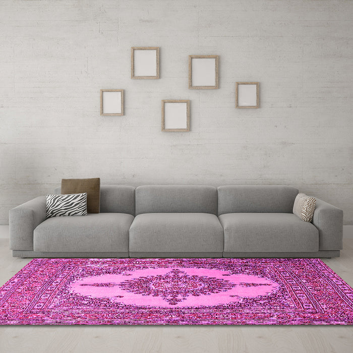 Machine Washable Medallion Pink Traditional Rug in a Living Room, wshtr1601pnk