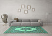 Machine Washable Medallion Turquoise Traditional Area Rugs in a Living Room,, wshtr1601turq