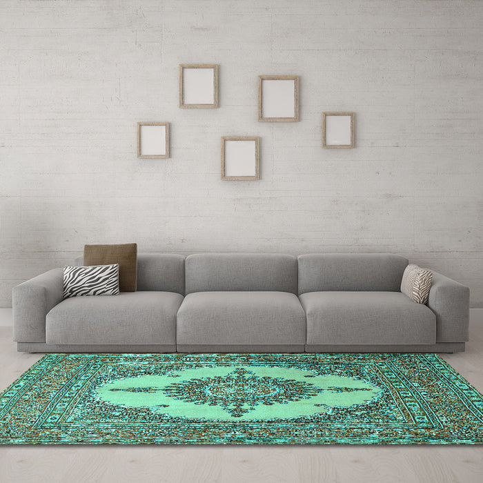 Machine Washable Medallion Turquoise Traditional Area Rugs in a Living Room,, wshtr1601turq