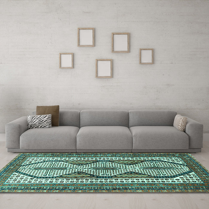 Machine Washable Persian Turquoise Traditional Area Rugs in a Living Room,, wshtr1602turq