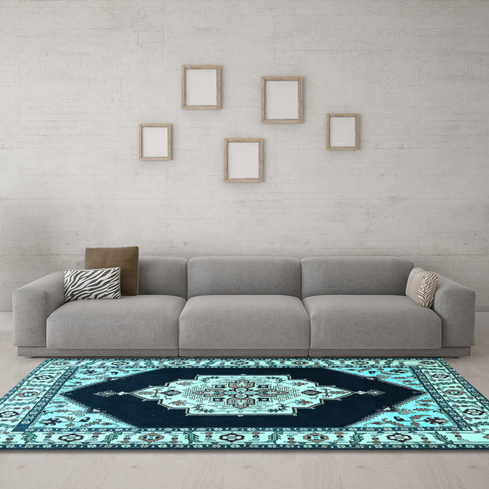 Machine Washable Medallion Light Blue Traditional Rug in a Living Room, wshtr1603lblu
