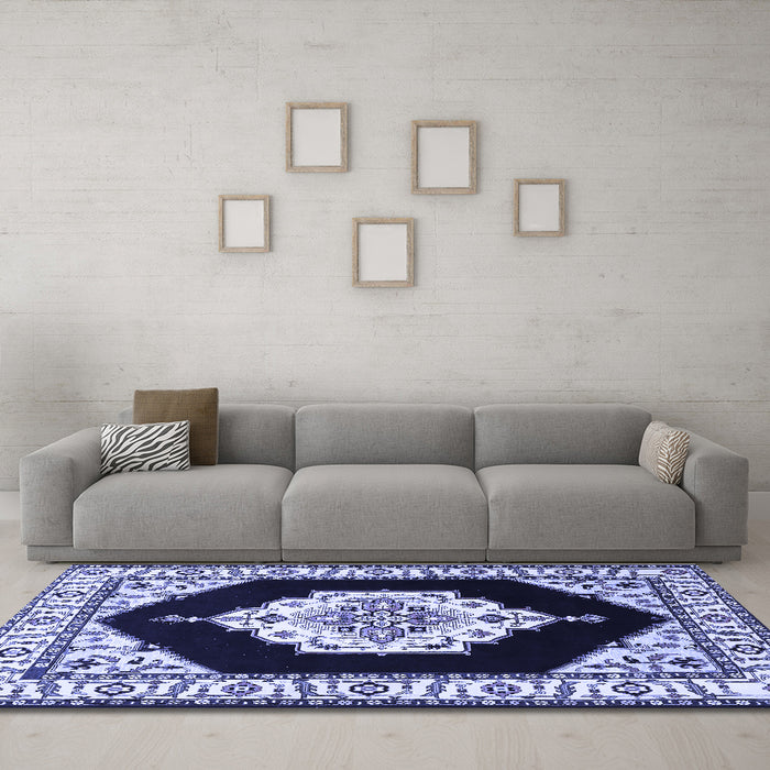 Machine Washable Medallion Blue Traditional Rug in a Living Room, wshtr1603blu