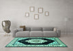 Machine Washable Medallion Turquoise Traditional Area Rugs in a Living Room,, wshtr1603turq