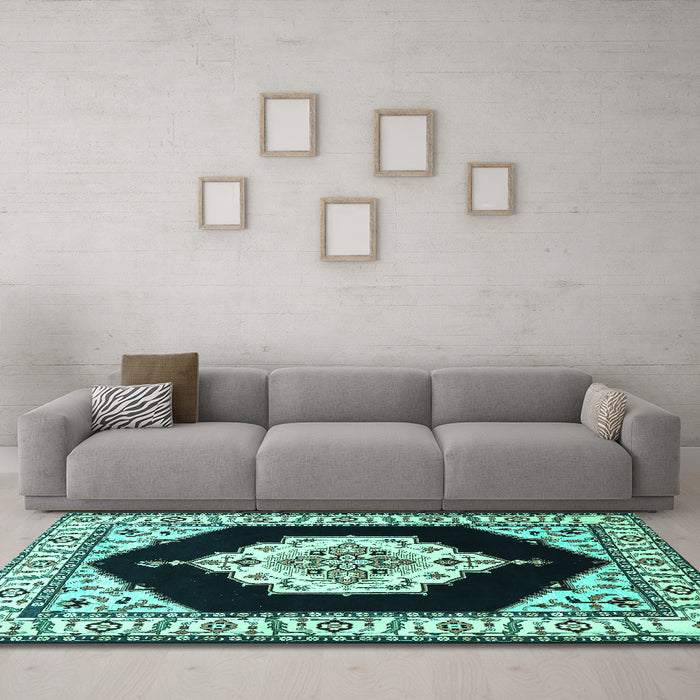 Machine Washable Medallion Turquoise Traditional Area Rugs in a Living Room,, wshtr1603turq