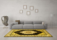 Machine Washable Medallion Yellow Traditional Rug, wshtr1603yw