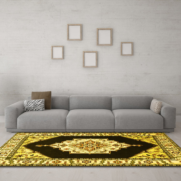 Machine Washable Medallion Yellow Traditional Rug in a Living Room, wshtr1603yw