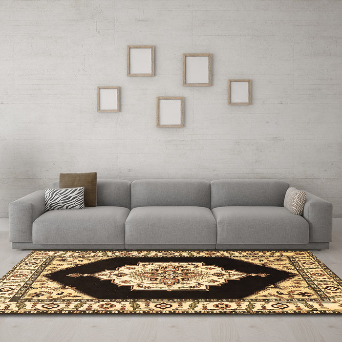Machine Washable Medallion Brown Traditional Rug in a Living Room,, wshtr1603brn