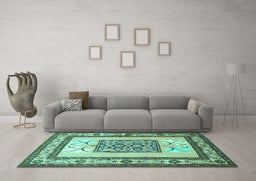 Machine Washable Persian Turquoise Traditional Area Rugs in a Living Room,, wshtr1604turq