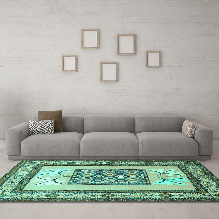 Machine Washable Persian Turquoise Traditional Area Rugs in a Living Room,, wshtr1604turq