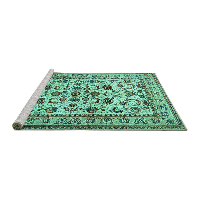 Sideview of Machine Washable Persian Turquoise Traditional Area Rugs, wshtr1605turq