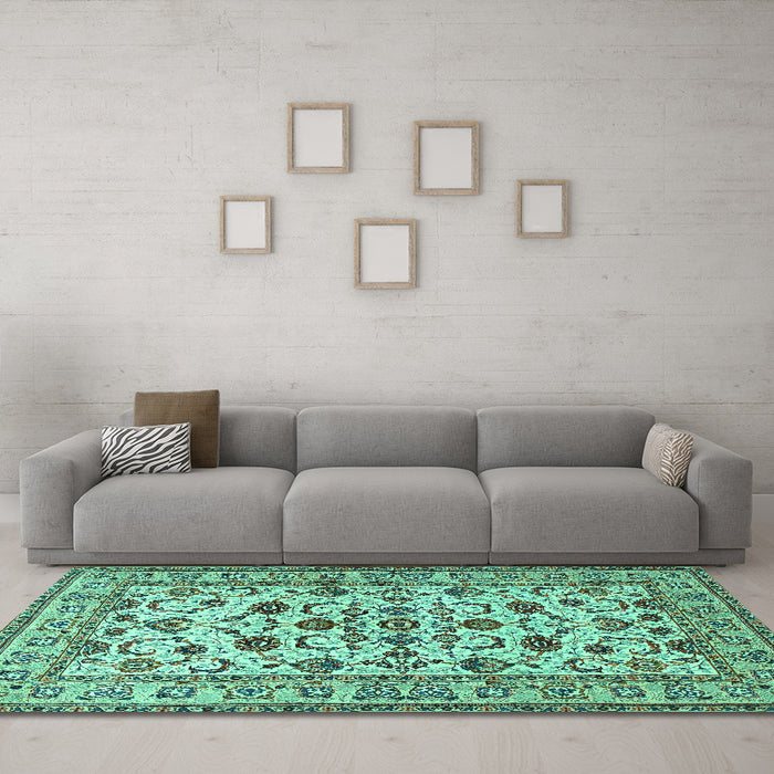 Machine Washable Persian Turquoise Traditional Area Rugs in a Living Room,, wshtr1605turq