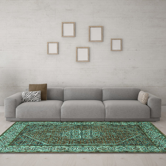 Machine Washable Persian Turquoise Traditional Area Rugs in a Living Room,, wshtr1606turq