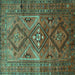 Square Machine Washable Southwestern Turquoise Country Area Rugs, wshtr1607turq