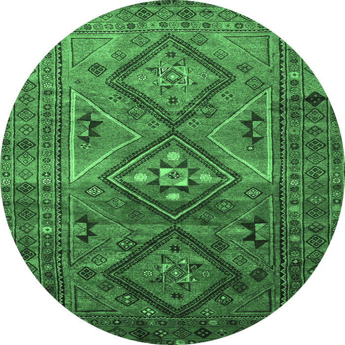 Round Machine Washable Southwestern Emerald Green Country Area Rugs, wshtr1607emgrn