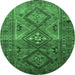 Round Machine Washable Southwestern Emerald Green Country Area Rugs, wshtr1607emgrn