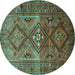 Round Machine Washable Southwestern Turquoise Country Area Rugs, wshtr1607turq