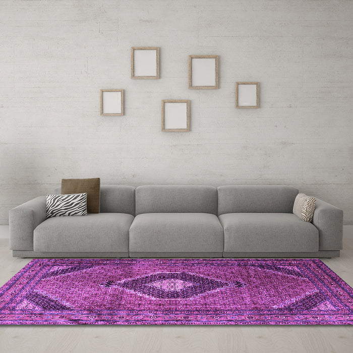 Machine Washable Medallion Purple Traditional Area Rugs in a Living Room, wshtr1608pur
