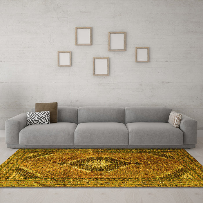 Machine Washable Medallion Yellow Traditional Rug in a Living Room, wshtr1608yw