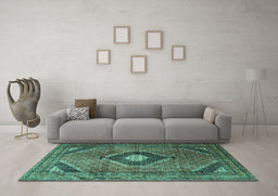 Machine Washable Medallion Turquoise Traditional Area Rugs in a Living Room,, wshtr1608turq