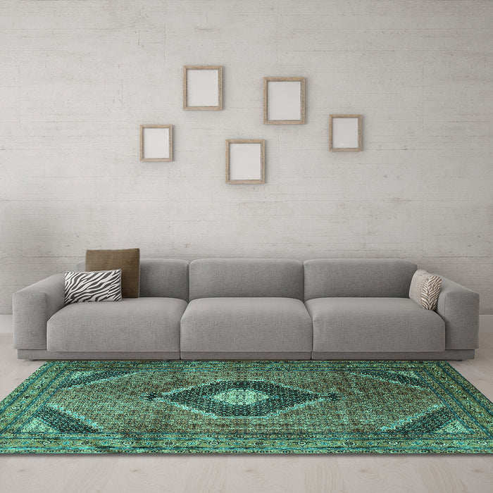 Machine Washable Medallion Turquoise Traditional Area Rugs in a Living Room,, wshtr1608turq
