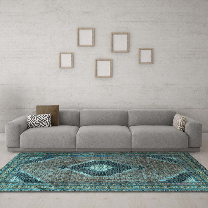 Machine Washable Medallion Light Blue Traditional Rug in a Living Room, wshtr1608lblu