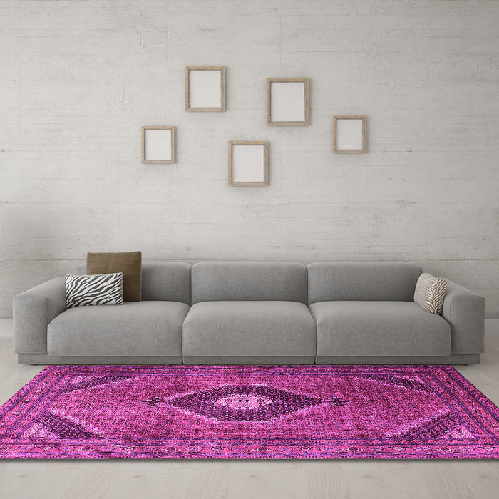 Machine Washable Medallion Pink Traditional Rug in a Living Room, wshtr1608pnk