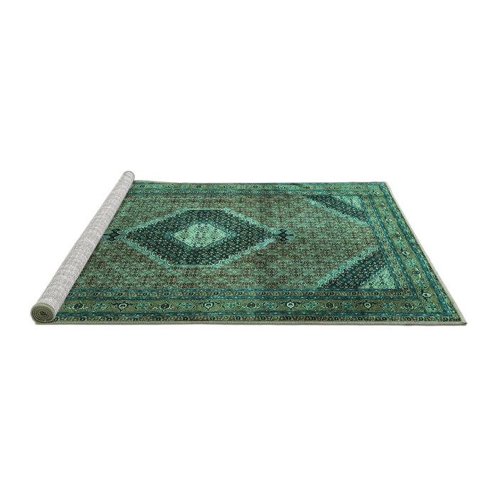 Sideview of Machine Washable Medallion Turquoise Traditional Area Rugs, wshtr1608turq
