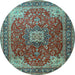 Round Machine Washable Medallion Light Blue Traditional Rug, wshtr1609lblu