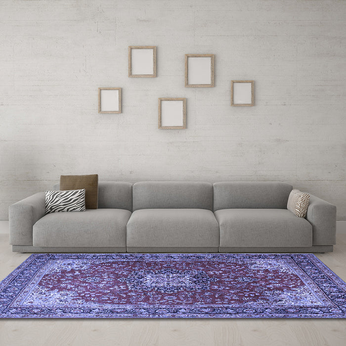 Machine Washable Medallion Blue Traditional Rug in a Living Room, wshtr1609blu