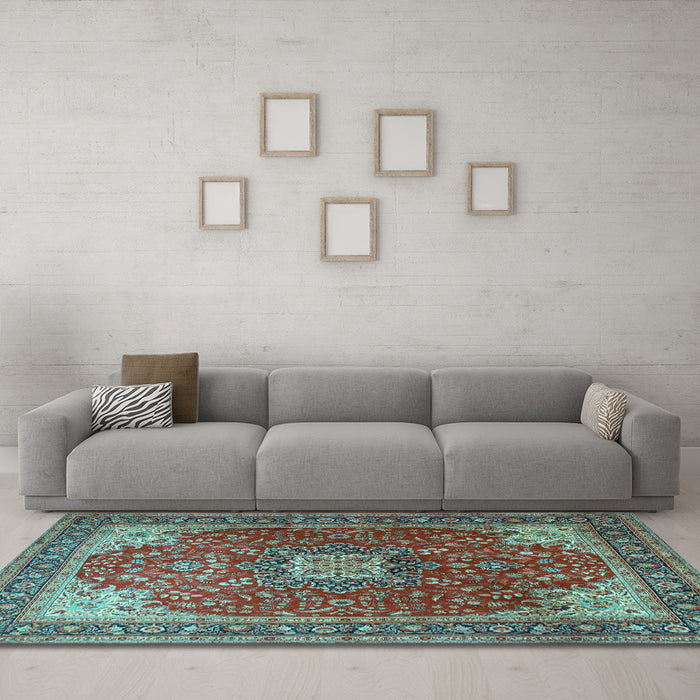 Machine Washable Medallion Light Blue Traditional Rug in a Living Room, wshtr1609lblu