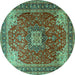 Round Machine Washable Medallion Turquoise Traditional Area Rugs, wshtr1609turq