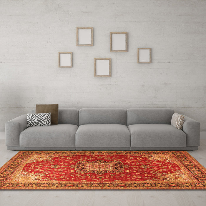 Machine Washable Medallion Orange Traditional Area Rugs in a Living Room, wshtr1609org
