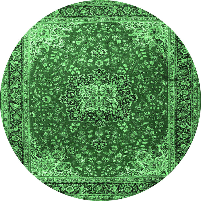 Round Machine Washable Medallion Emerald Green Traditional Area Rugs, wshtr1609emgrn