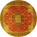 Round Machine Washable Medallion Yellow Traditional Rug, wshtr1609yw