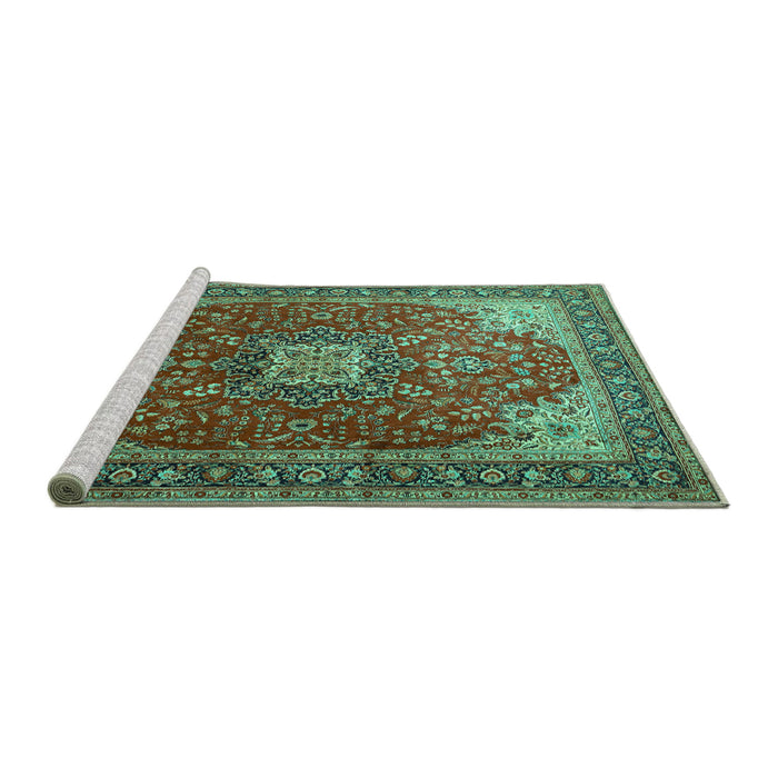 Sideview of Machine Washable Medallion Turquoise Traditional Area Rugs, wshtr1609turq
