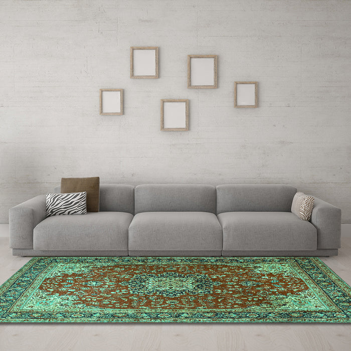 Machine Washable Medallion Turquoise Traditional Area Rugs in a Living Room,, wshtr1609turq