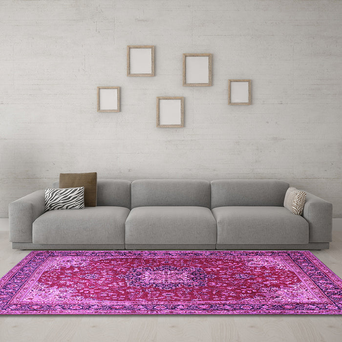 Machine Washable Medallion Purple Traditional Area Rugs in a Living Room, wshtr1609pur