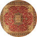 Round Machine Washable Medallion Brown Traditional Rug, wshtr1609brn