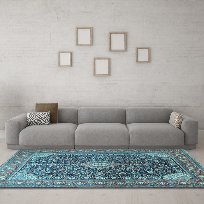 Machine Washable Medallion Light Blue Traditional Rug in a Living Room, wshtr1610lblu