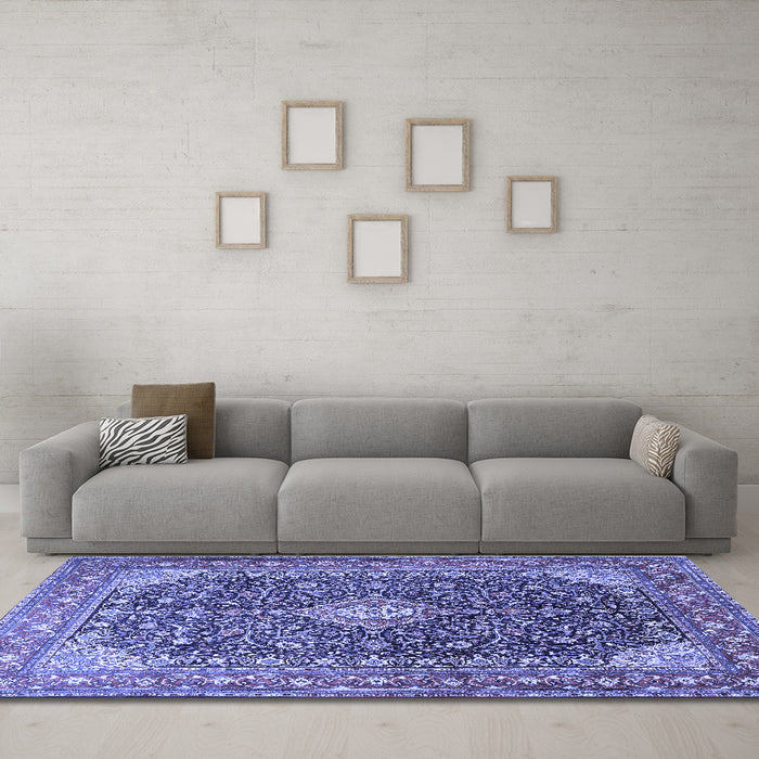 Machine Washable Medallion Blue Traditional Rug in a Living Room, wshtr1610blu