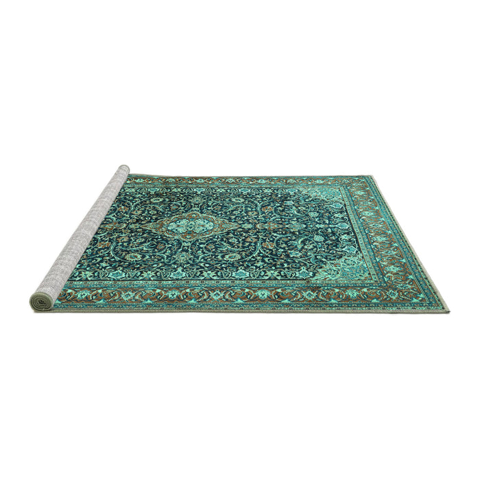 Sideview of Machine Washable Medallion Turquoise Traditional Area Rugs, wshtr1610turq