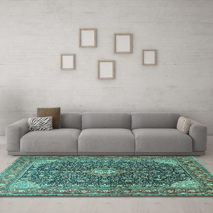 Machine Washable Medallion Turquoise Traditional Area Rugs in a Living Room,, wshtr1610turq