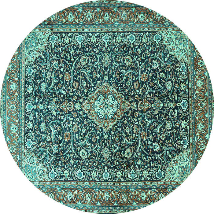 Round Machine Washable Medallion Turquoise Traditional Area Rugs, wshtr1610turq
